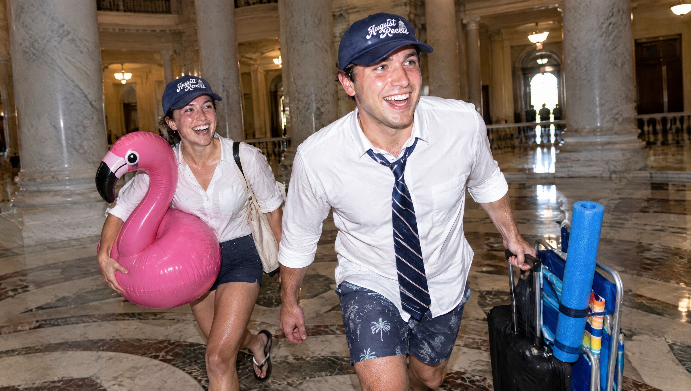 Staffers in board shorts hurrying through a marble rotunda with a suitcase and a flamingo float, wearing navy August Recess caps