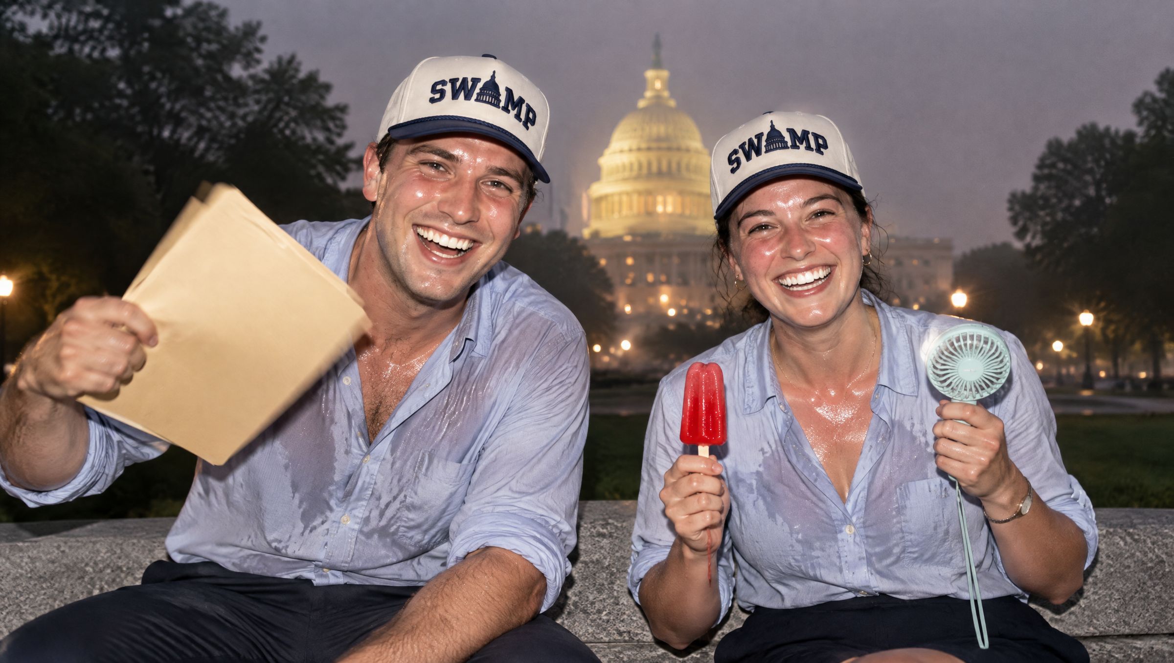 Two drenched staffers laughing in the humid dusk below the Capitol dome, both in The Swamp caps