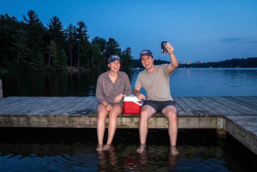 Two staffers on a lake dock at dusk in August Recess caps