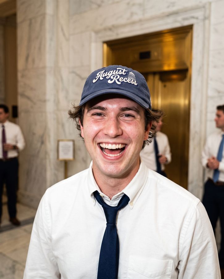 A laughing staffer in a marble corridor wearing the navy August Recess cap