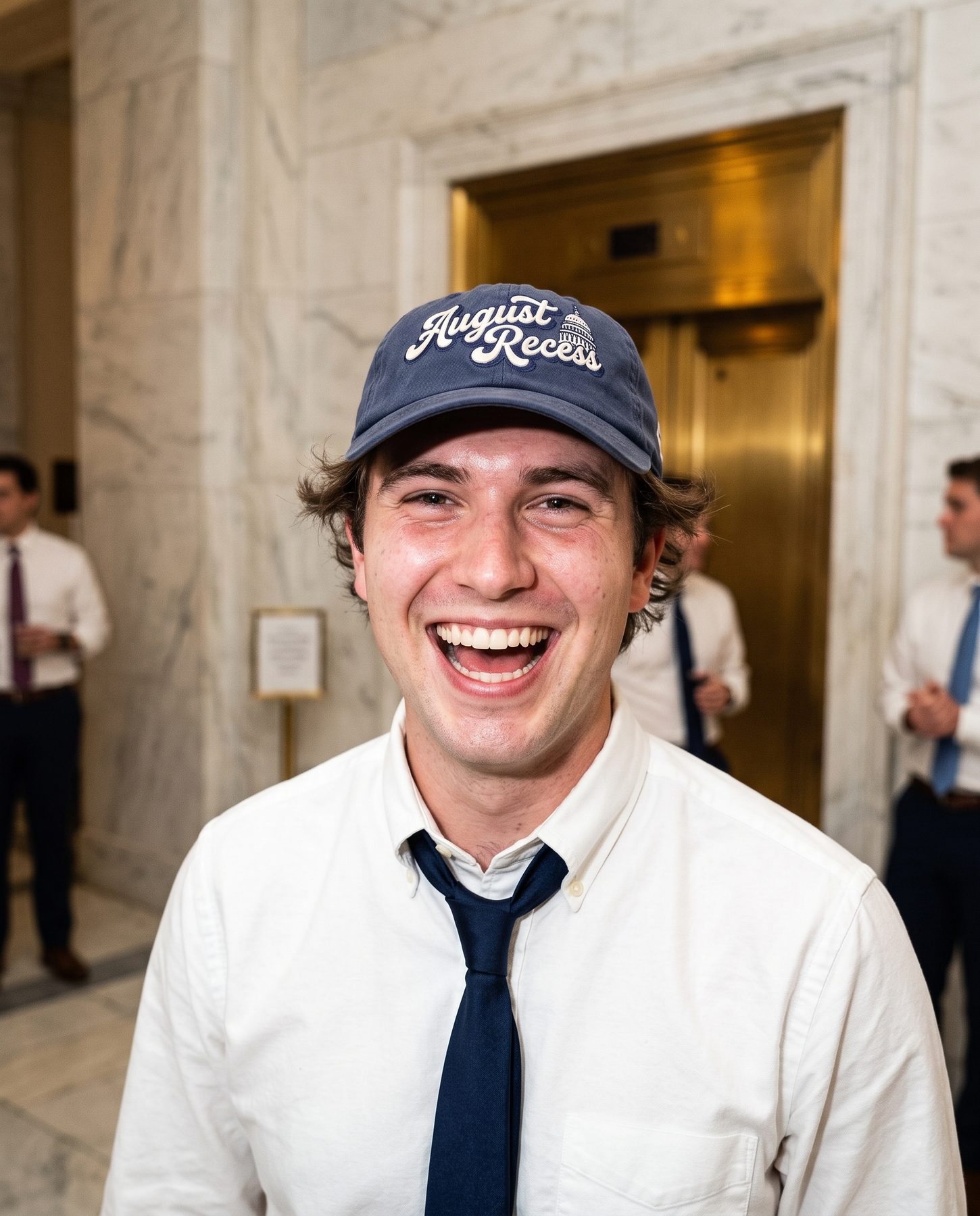 A laughing staffer in a marble corridor wearing the navy August Recess cap