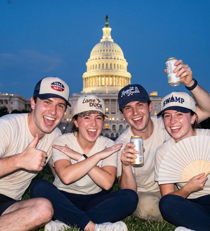 Four staffers at dusk below the lit Capitol dome, each in a different On The Hill cap: Yeas and Nays, Lame Duck, August Recess and The Swamp