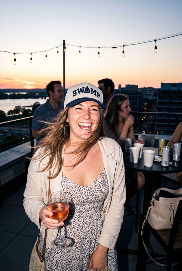 A woman laughing on a rooftop at sunset in The Swamp cap