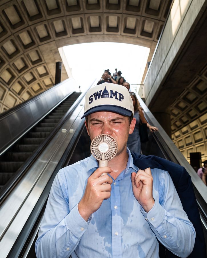 A sweating staffer on a Metro escalator with a tiny fan, wearing The Swamp cap