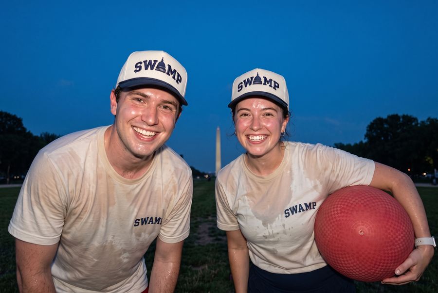 Two staffers after a kickball game on the National Mall at dusk in The Swamp caps