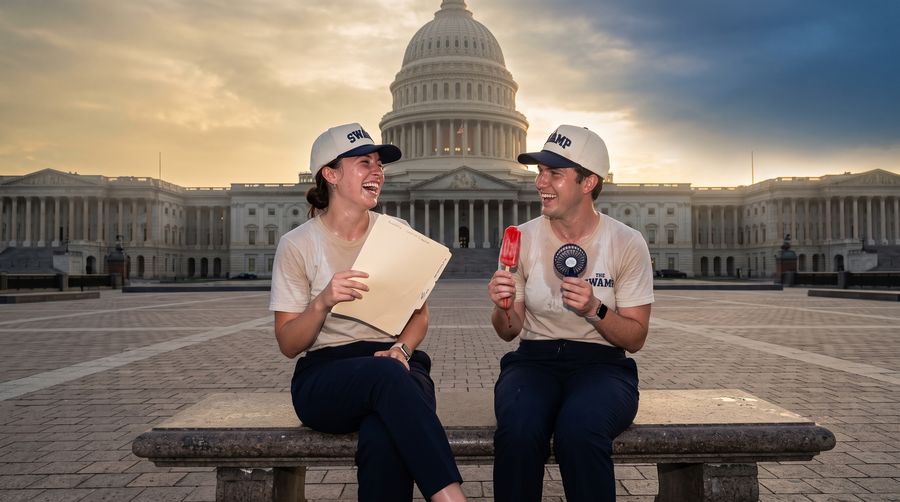 Two sweaty staffers laughing below the Capitol dome, one fanning with a folder, one with a popsicle and a handheld fan, both in The Swamp caps