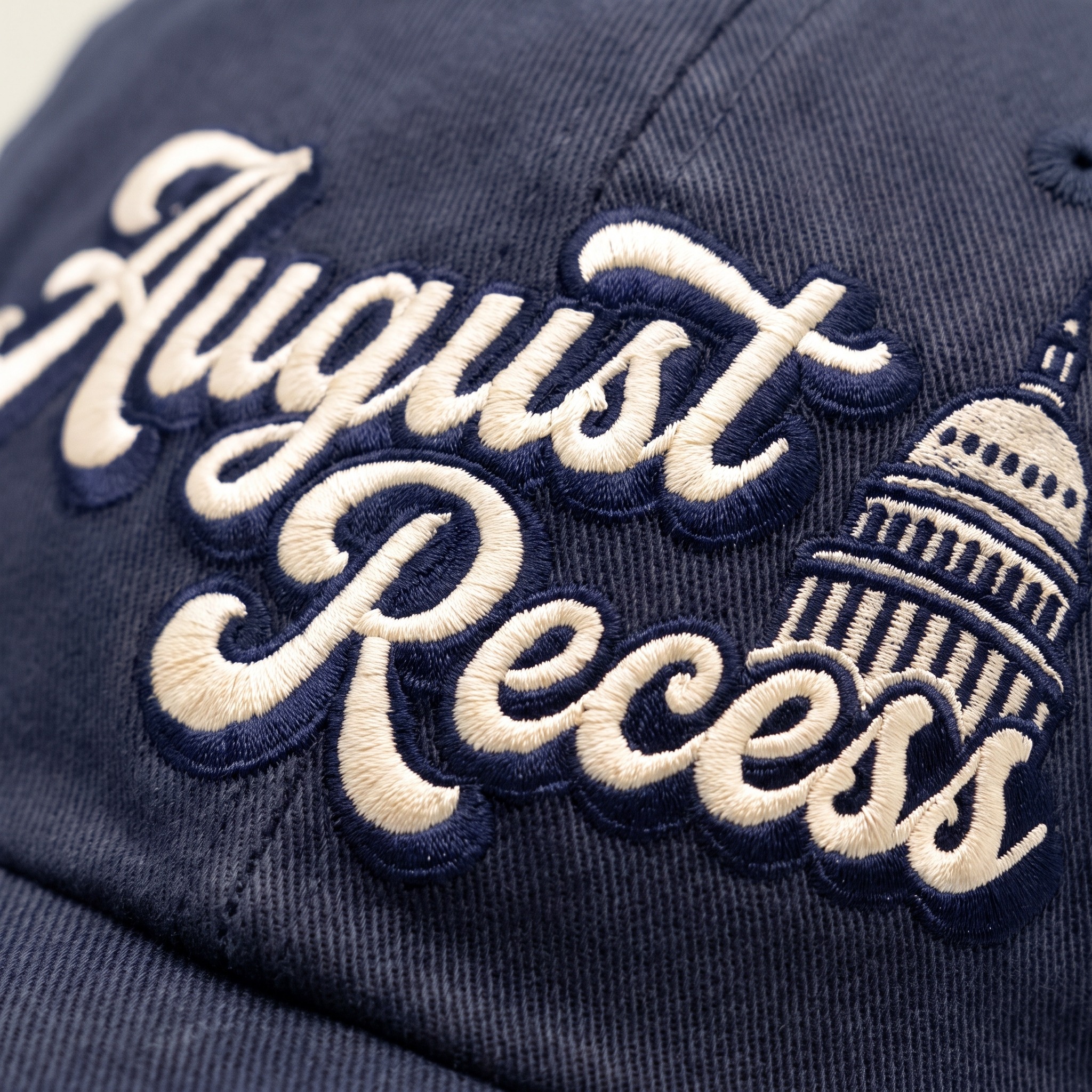 Close-up of the puff embroidery on the navy August Recess cap