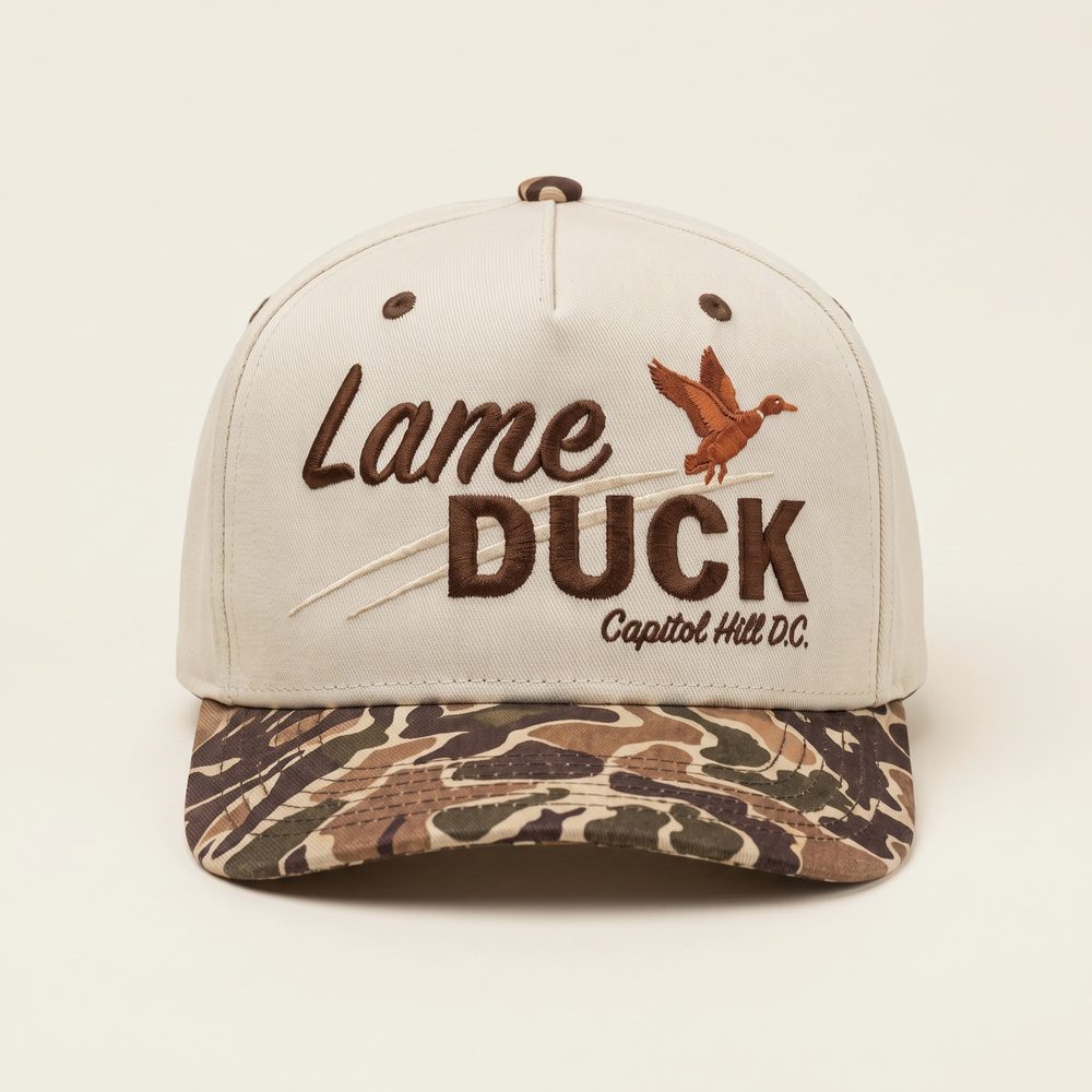 Lame Duck cap, Stone crown, duck camo brim, front
