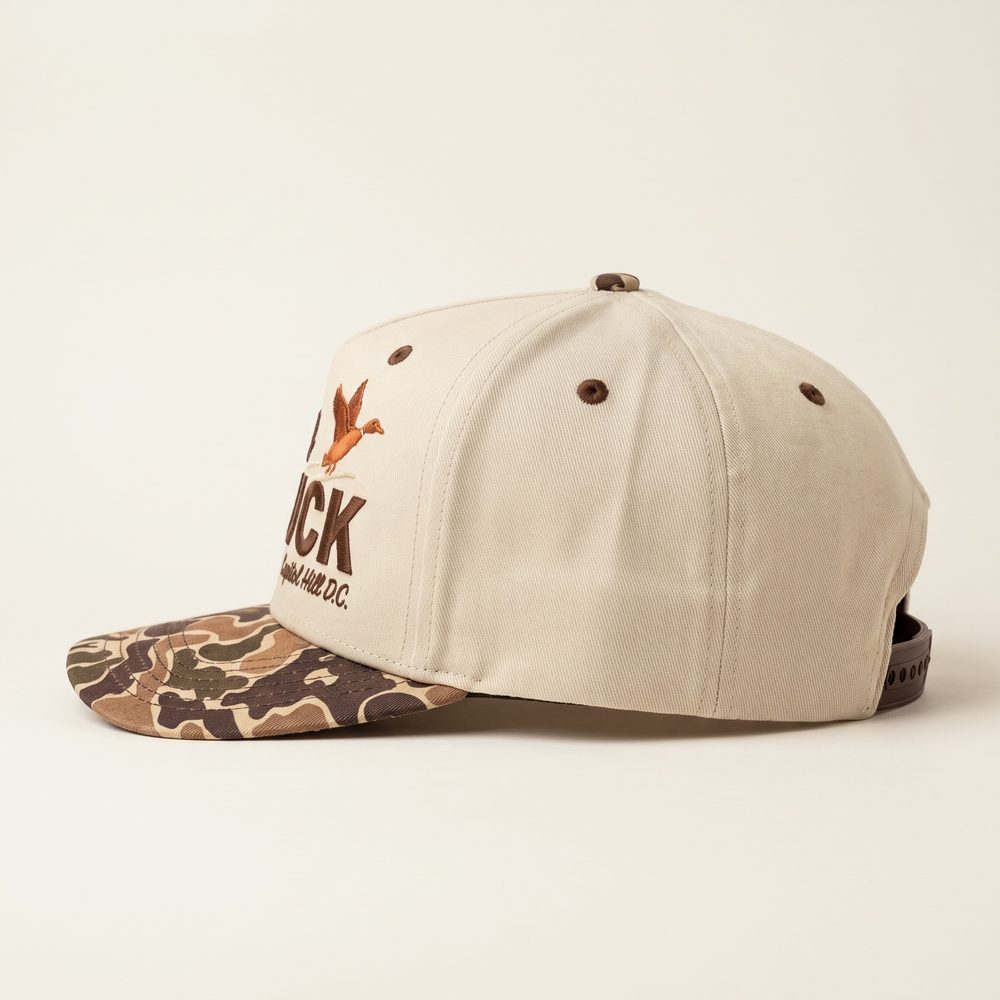 Lame Duck cap, Stone crown, duck camo brim, left side