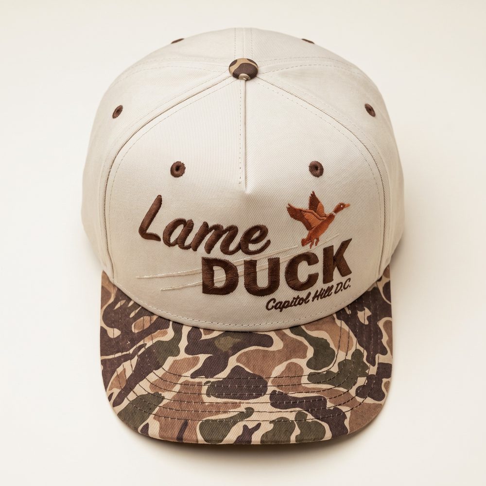 Lame Duck cap, Stone crown, duck camo brim, from above