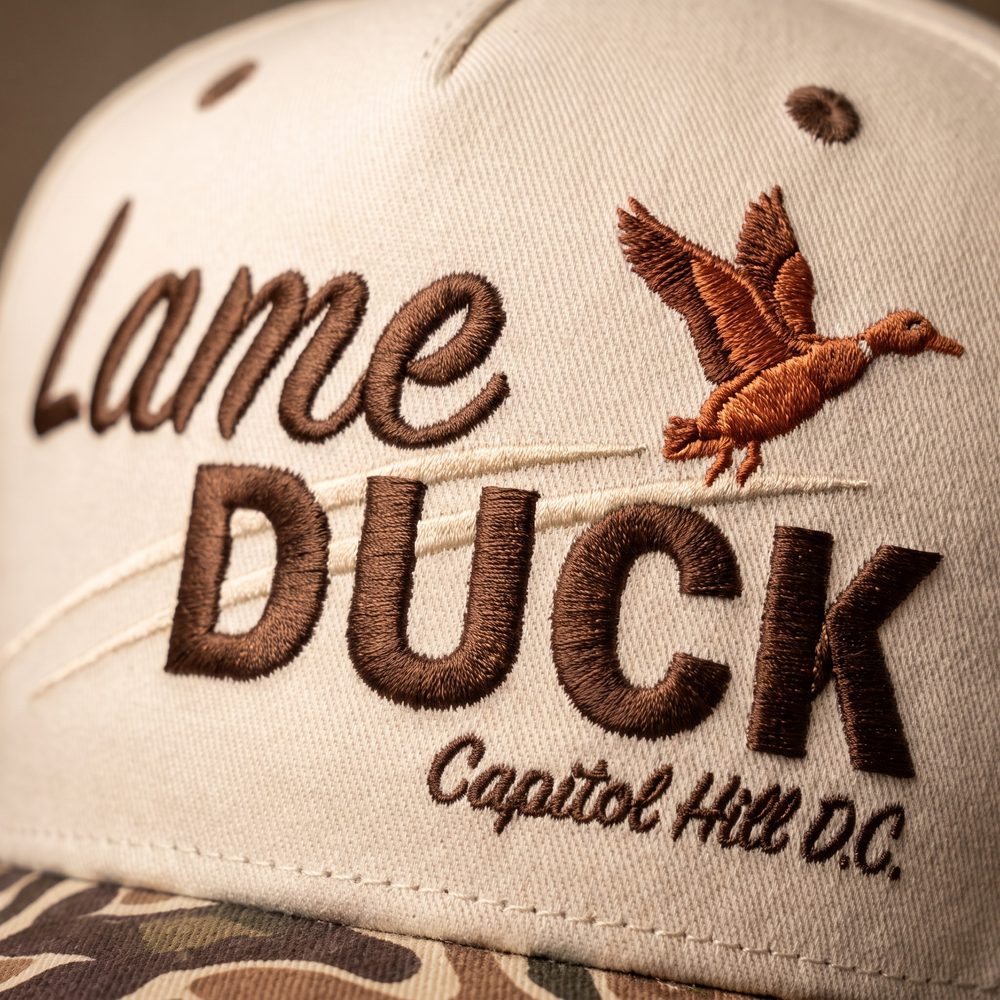 Lame Duck cap, Stone crown, duck camo brim, embroidery detail