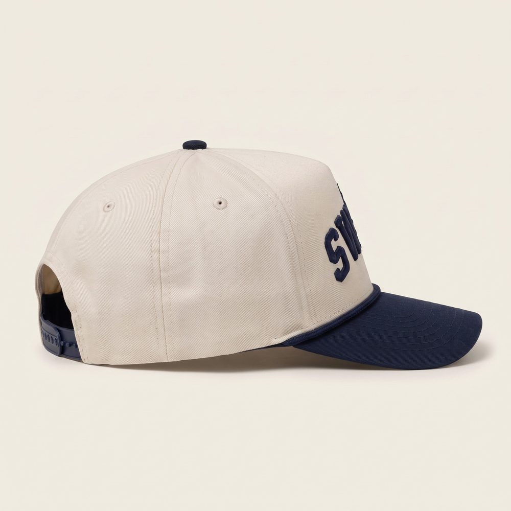 The Swamp cap, Stone crown, navy brim and rope, right side