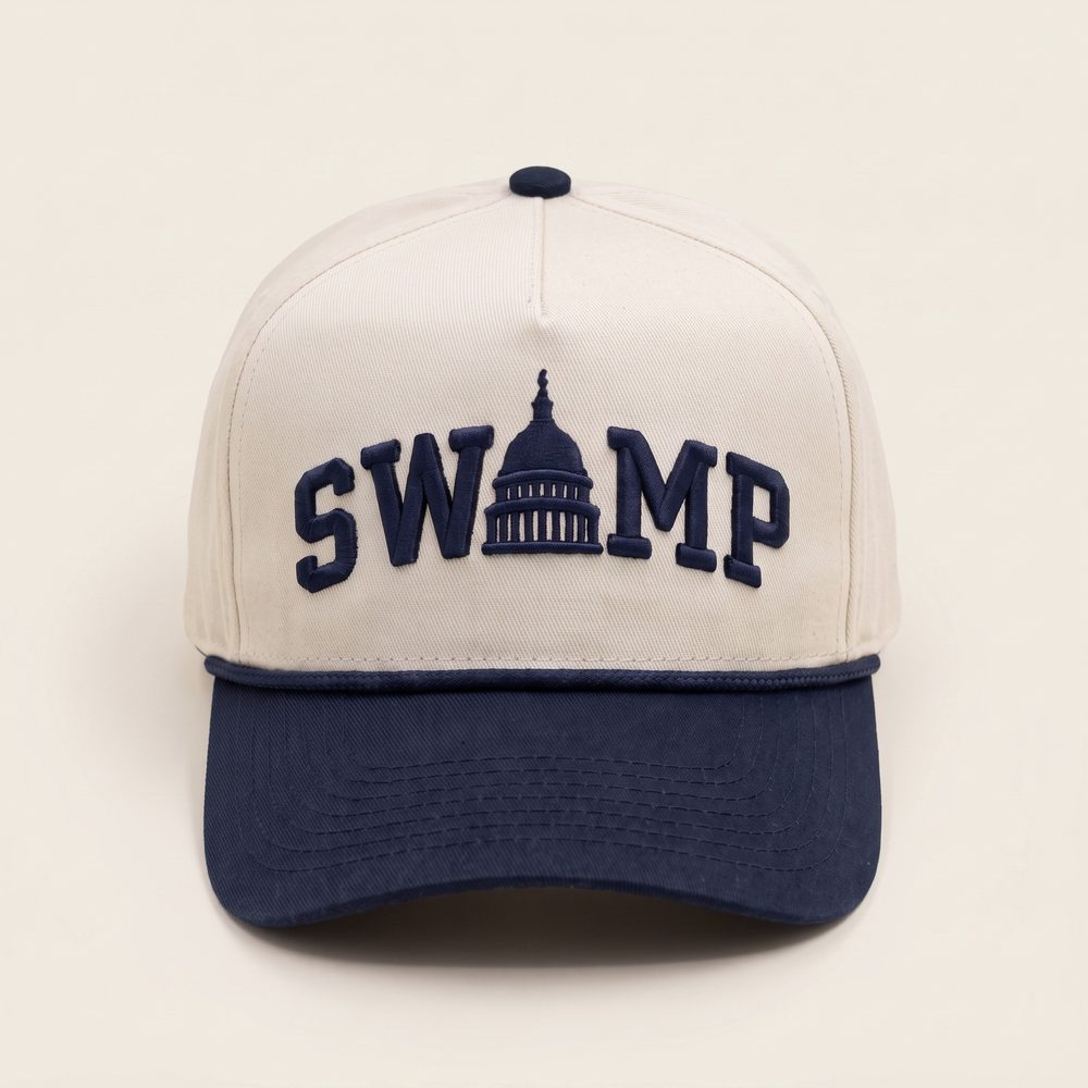 The Swamp cap, Stone crown, navy brim and rope, from above