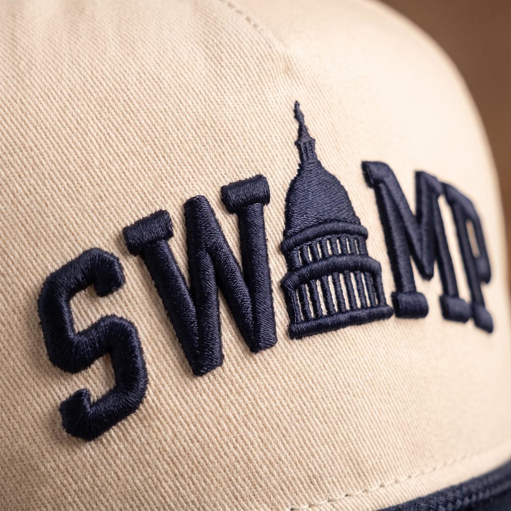 The Swamp cap, Stone crown, navy brim and rope, embroidery detail