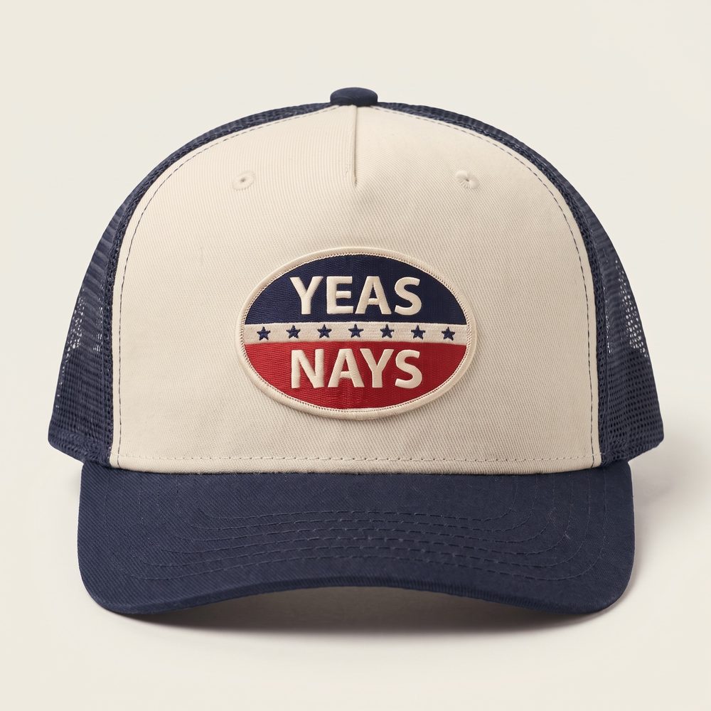 Yeas and Nays Trucker cap, Stone front, navy mesh and brim, front