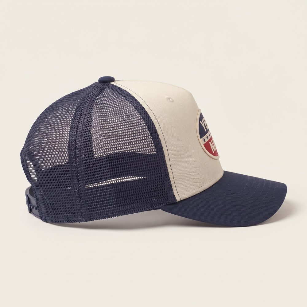 Yeas and Nays Trucker cap, Stone front, navy mesh and brim, right side