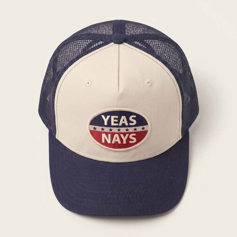 Yeas and Nays Trucker cap, Stone front, navy mesh and brim, from above