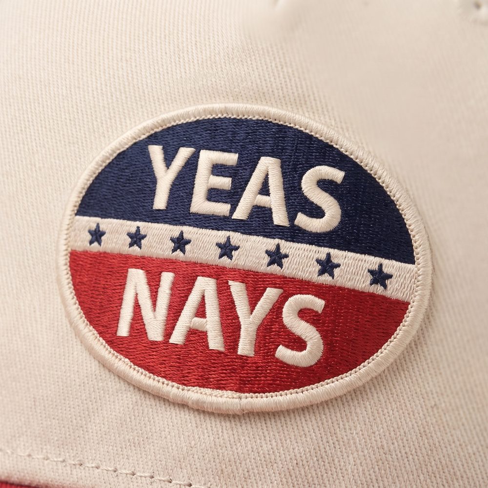 Yeas and Nays Trucker cap, Stone front, navy mesh and brim, embroidery detail