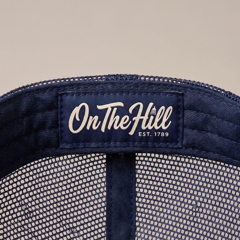 Yeas and Nays Trucker cap, Stone front, navy mesh and brim, inside label