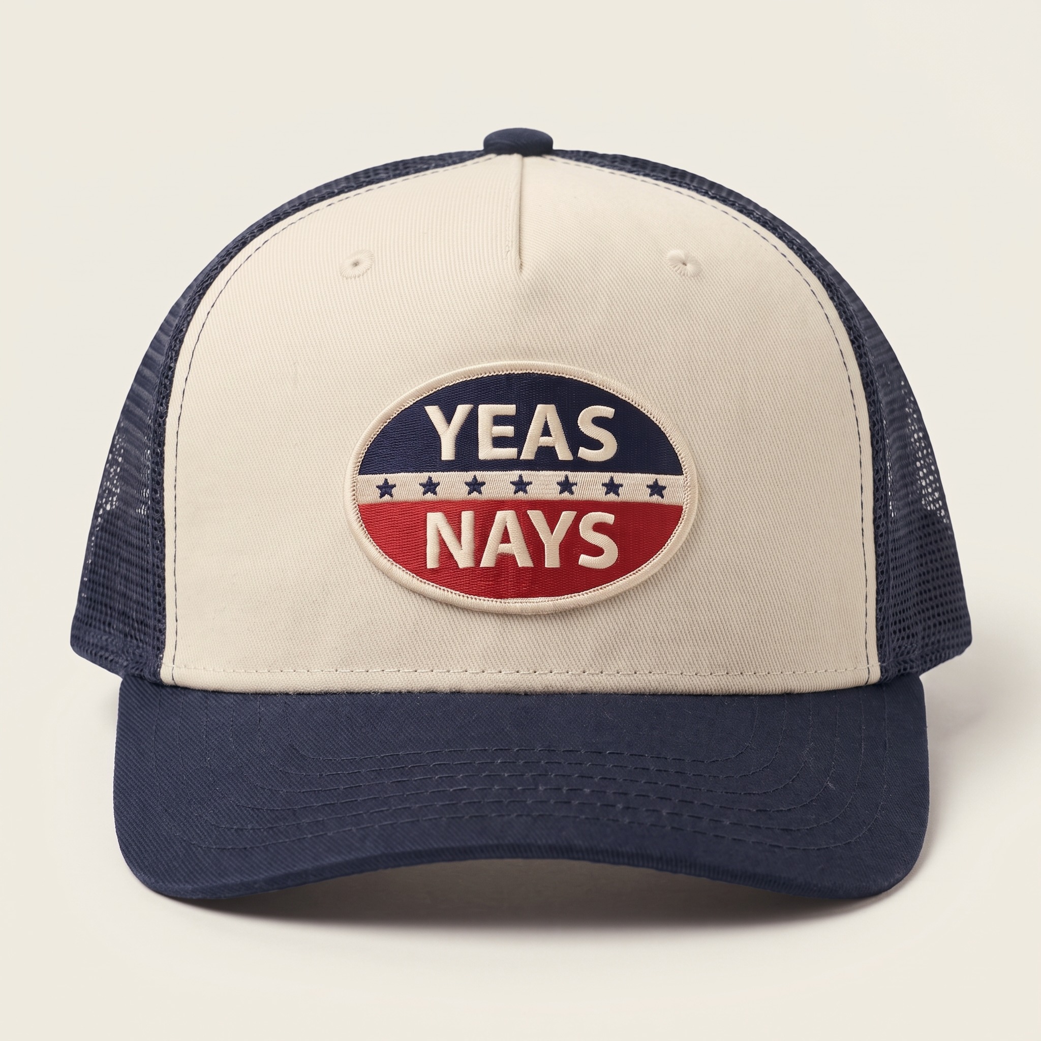 Yeas and Nays Trucker cap, Stone front, navy mesh and brim, front